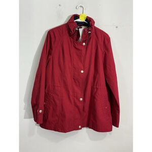 Womans Weather Tamer Large Red Zip Up Snap Up Hidden Hood Midweight Jacket